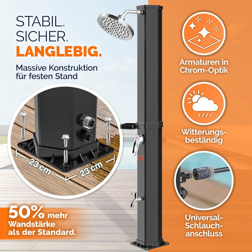 Monzana® Doccia Solare 60L Resistente ai Raggi UV Vassoio in Acciaio Inossidabile 105GSM Copertura Protettiva Doccino Regolabile a Pioggia Doccia Piscina Doccia Campeggio Acqua Calda 60°C Esterno