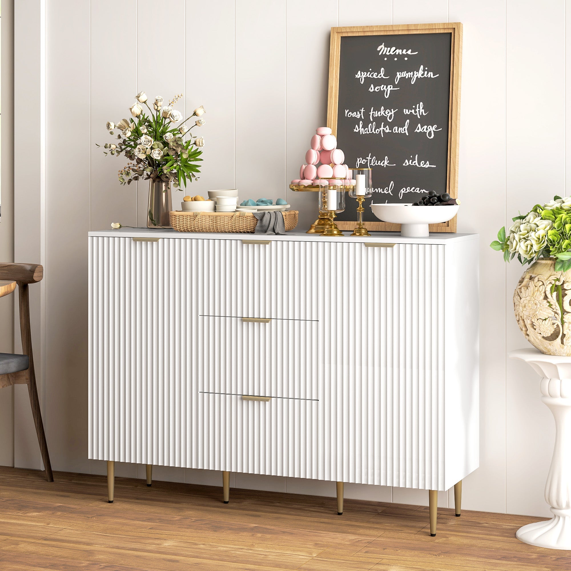 Credenza Moderna 120x40x89,5 cm con 3 Cassetti e 2 Armadietti in Legno e Metallo Bianco