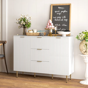 Credenza Moderna 120x40x89,5 cm con 3 Cassetti e 2 Armadietti in Legno e Metallo Bianco