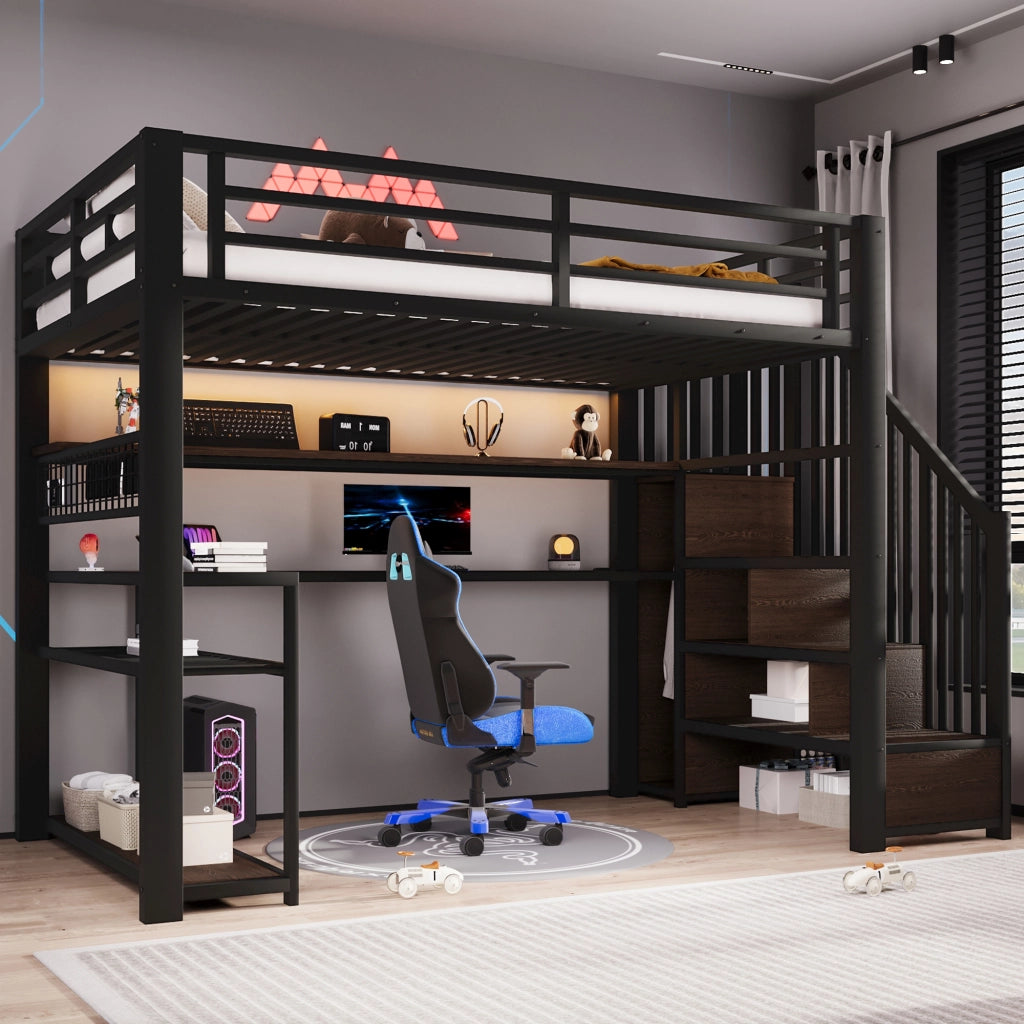 LETTO A CASTELLO 90x200 cm in metallo e MDF nero con scrivania, armadio e LED