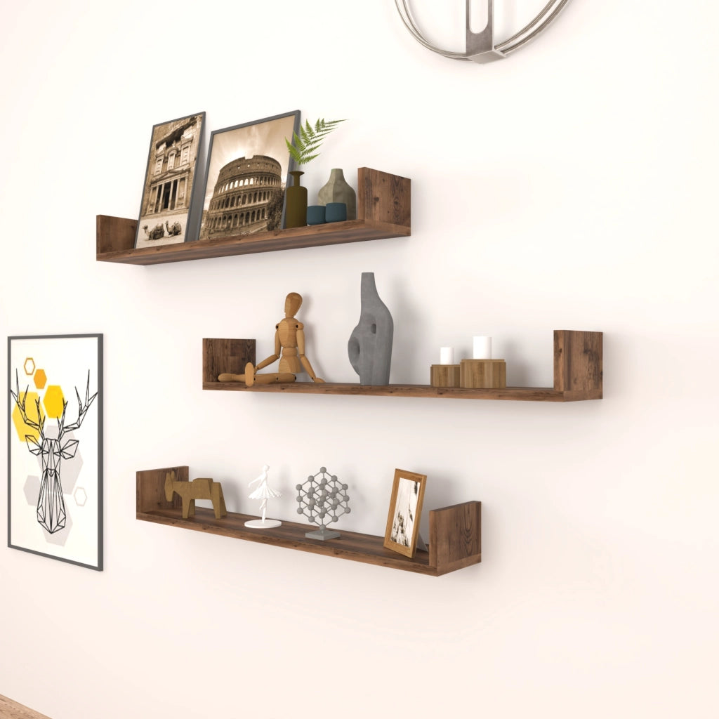 Set 'Höganäs' 3 Mensole da Muro - Consolli Pensili con Piano d'Appoggio a Forma di U - Largo 90 cm - Effetto Rovere Antico [en.casa]