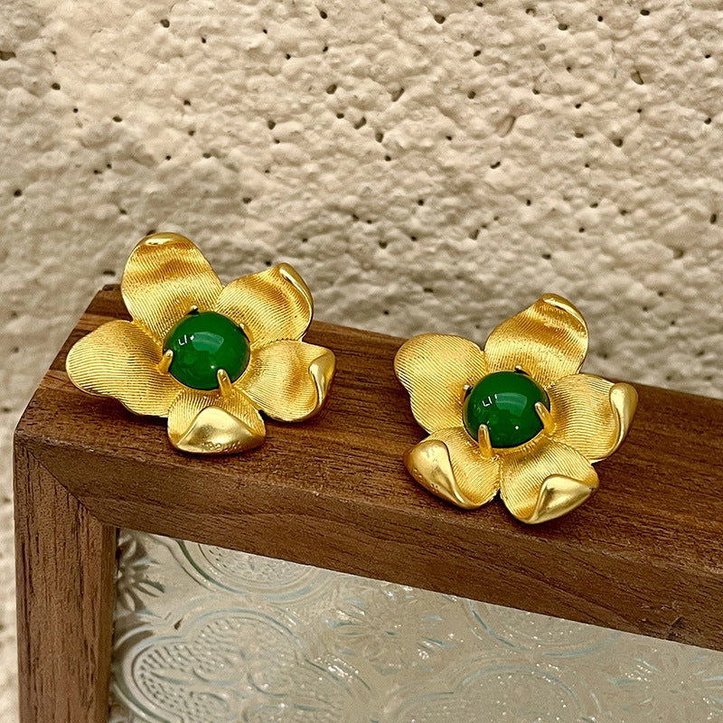 Orecchini a forma di fiore con ago in argento S925 e cristallo verde
