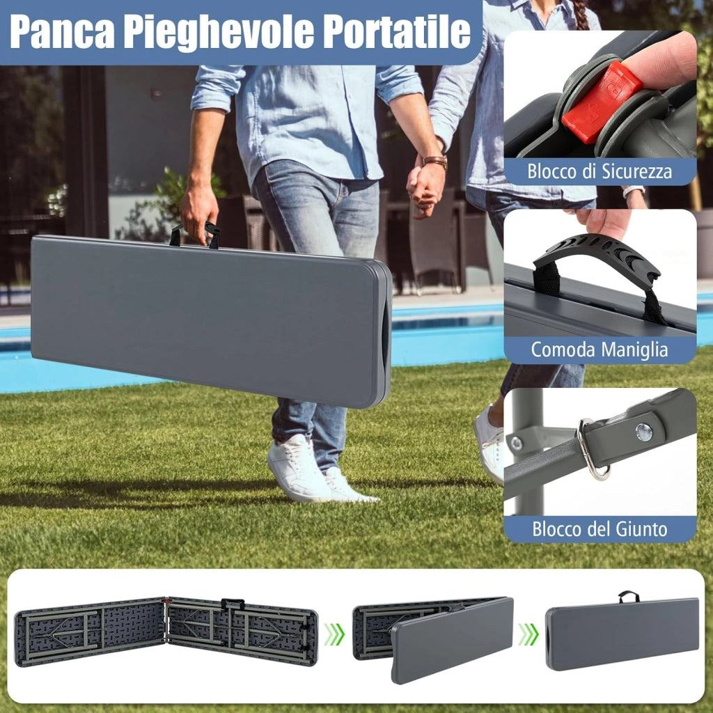 Panca Pieghevole in Plastica 180 cm, Sedile Portatile con Manico e Blocco, Panca da Campeggio in HDPE Rinforzato, per Giardino Campeggio Picnic, Portata 300 kg (Grigio)