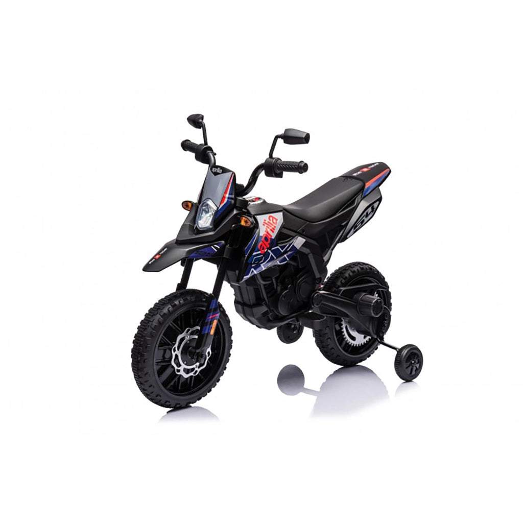 Moto Elettrica per Bambini Aprilia RX-125 Small 12V Cross Sedili In Pelle Luci Led Bluetooth Sospensioni a Molla Blu