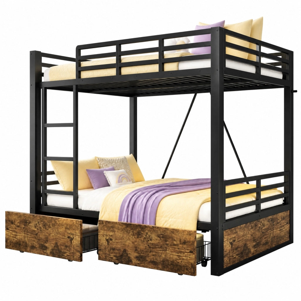 Letto a Castello in Metallo 140x200 cm con Cassetti, Scala e Sponde di Sicurezza, Nero