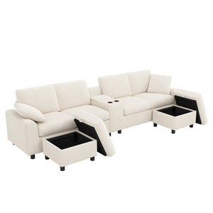 Divano a U in velluto - Xylo - Con 2 poggiapiedi, USB, Type-C, beige (315cm)