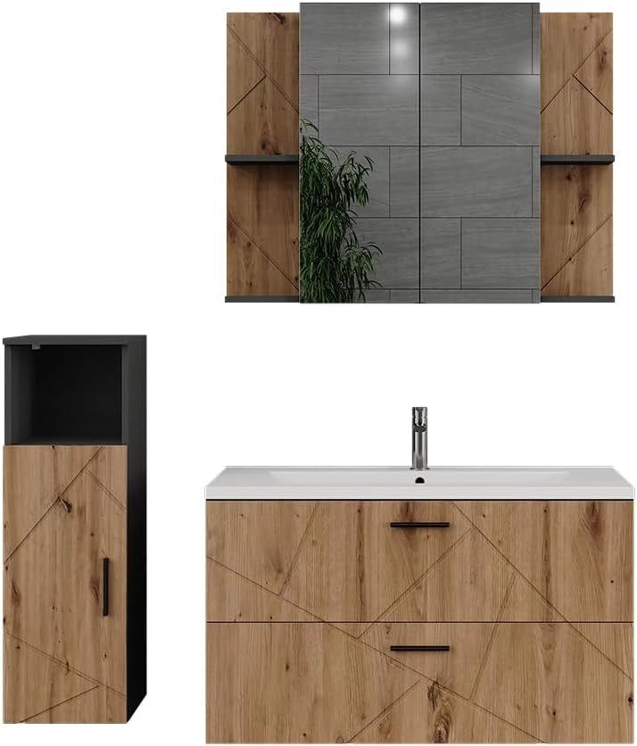 Set di mobili da bagno Irma, Bianco/bianco lucido, 100 cm, composto da mobile sottolavabo con lavabo, armadio medio e specchio da bagno