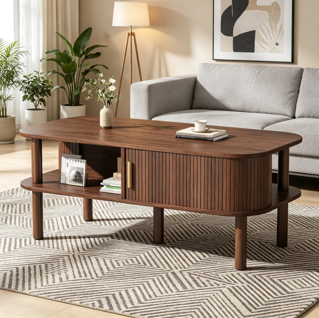 Tavolino da caffè scandinavo 110x55x45 cm con porta scorrevole; effetto noce; MDF