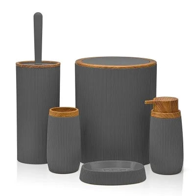 Set accessori bagno grigio cannettato con finitura effetto legno 5 pezzi Blob