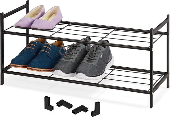 Rack di scarpe metallico 2 piani, stivale e ampliabile, 335 x 70 x 26 cm, nero, capacità per 6 pair di scarpe