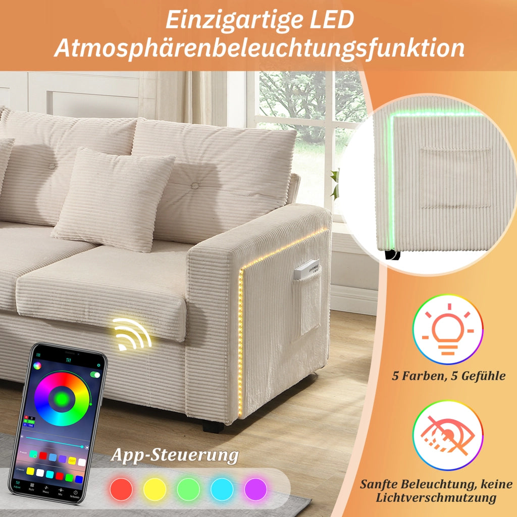 Divano modulare a L 3 posti - con LED e pouf multifunzione - in tessuto cord beige
