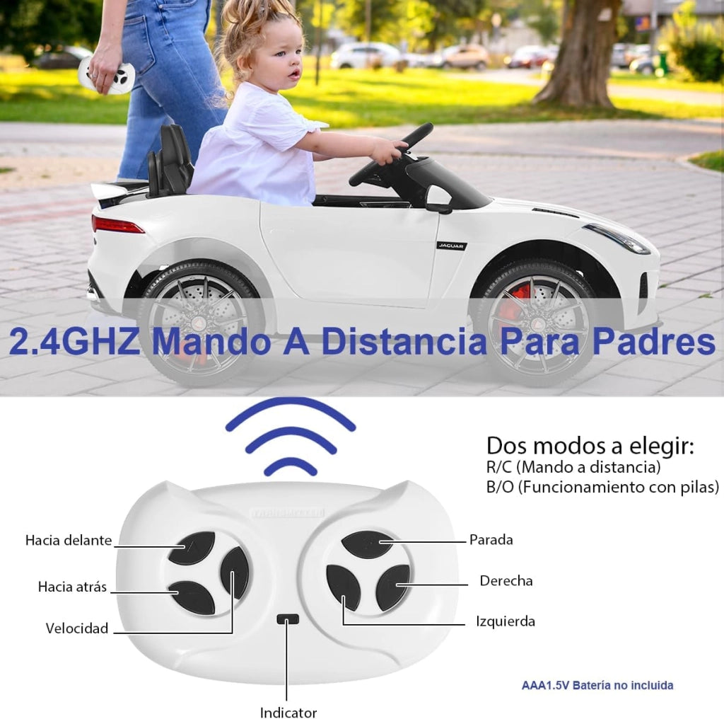 Macchina Elettrica per Bambini Jaguar 12V con Telecomando, Auto Elettrico a Pedale e Cinture di Sicurezza, Veicoli con Multimedia, Clacson e Luci, Velocità 3-5 km/h, Carico 25 kg (Bianco)