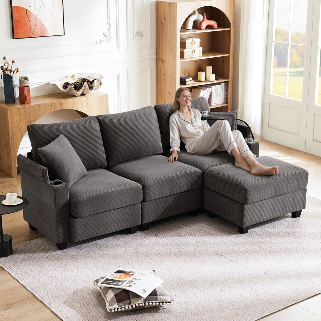 Divano angolare L convertibile 3 posti - Zephmum- Con pouf, porta bevande, USB, braccioli, 2 cuscini - Grigio scuro