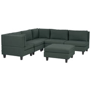 Divano componibile a 5 posti imbottito lato destro in tessuto verde scuro con gambe nere e pouf stile moderno