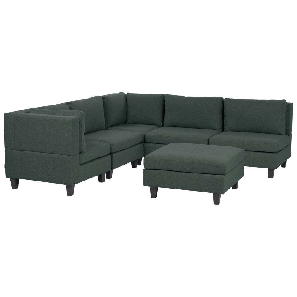 Divano componibile a 5 posti imbottito lato destro in tessuto verde scuro con gambe nere e pouf stile moderno