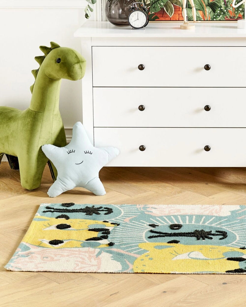 Tappeto per aree multicolore con stampa di animali 80 x 150 cm, a basso contenuto di peli, per la sala giochi dei bambini