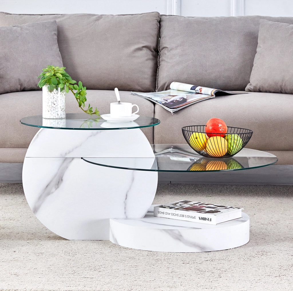 Tavolino da caffè 78.51x78.99x24.51 cm a due livelli con piano in vetro di sicurezza in MDF bianco