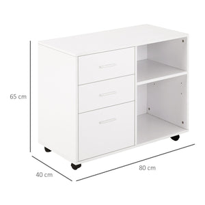 Mobile 3 Cassetti 2 Ripiani 80x40x65 cm con Ruote in Truciolare Bianco