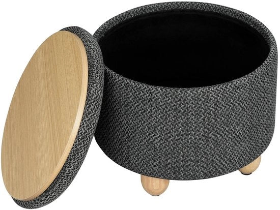 Sedia Ottomana con Cassetto - Schienale in Pelle - Gambe in Legno - 21,5L di Spazio di Deposito - Grigio Scuro