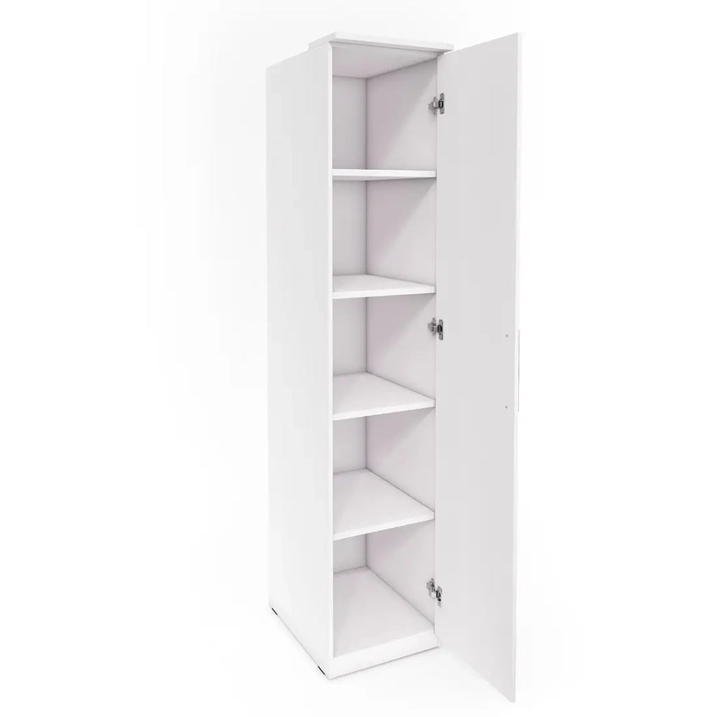 Cabina armadio completa collezione MODULO colore bianco con LED, pannelli di finitura e pacchetti di ripiani inclusi.