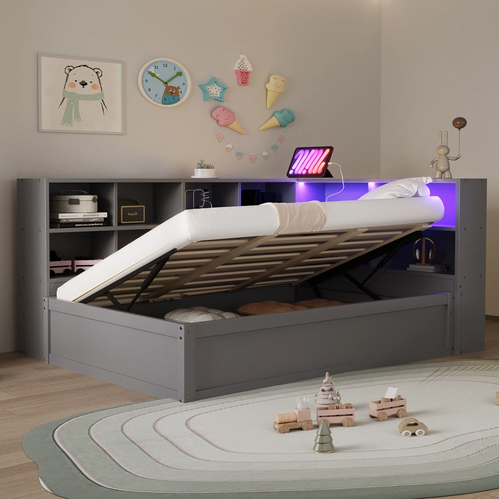 DIVANO LETTO 90x200 cm Grigio in legno con presa multifunzione, LED e vani contenitori