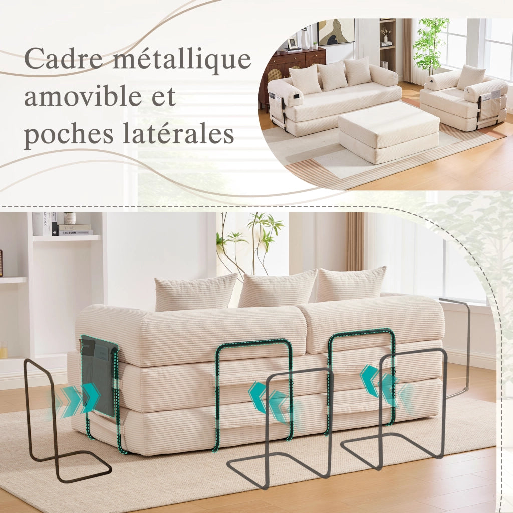 Divano modulare con pouf, tasca laterale e cuscini, struttura in metallo e tessuto a coste beige per soggiorno