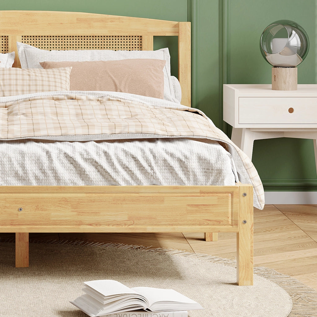 Letto Matrimoniale 160 x 200 cm; 15 Doghe e Piedini Centrali - in Legno e Rattan - Naturale