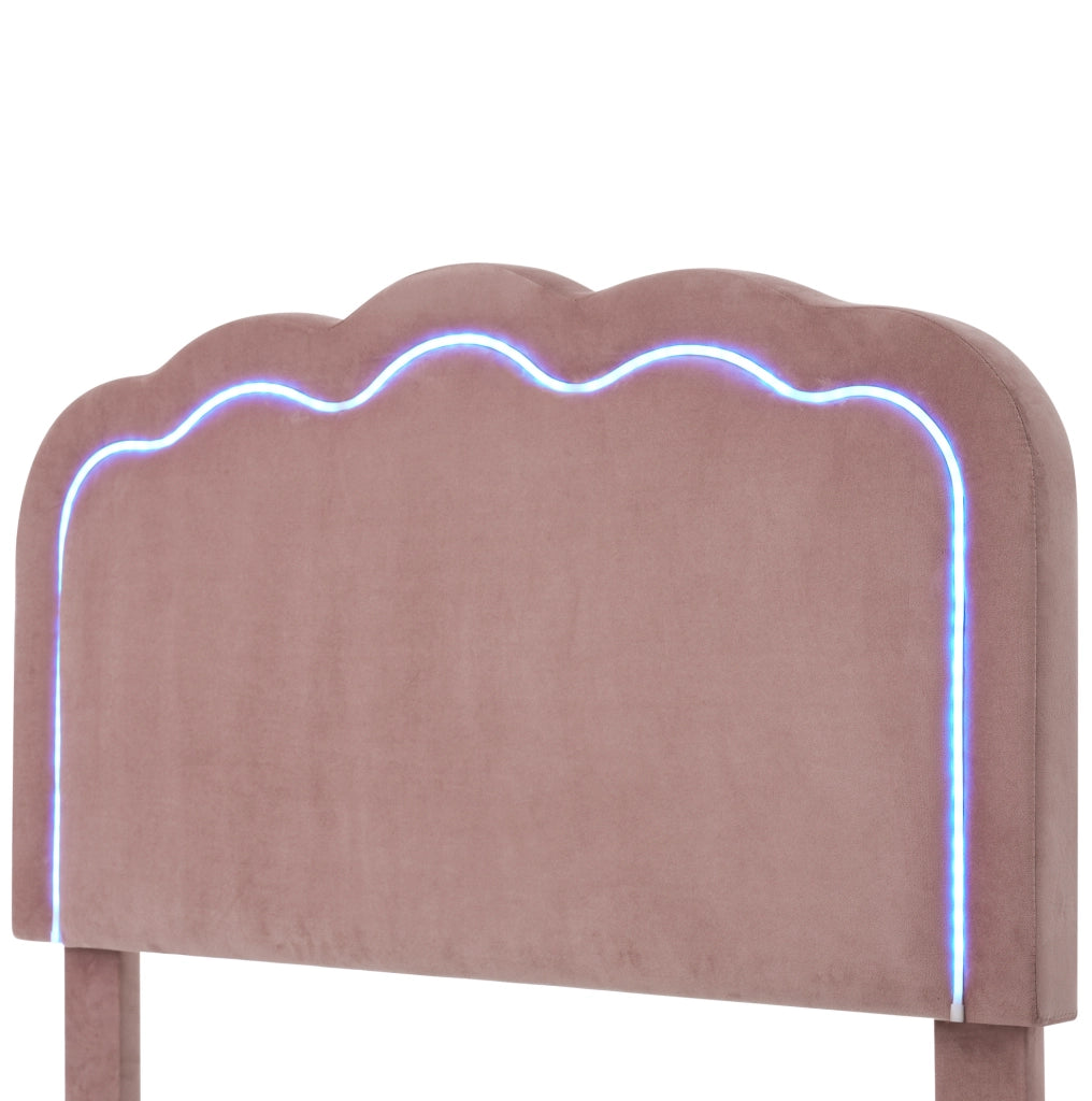 Letto imbottito 90x200 cm; testiera LED regolabile; velluto rosa (Senza materasso)