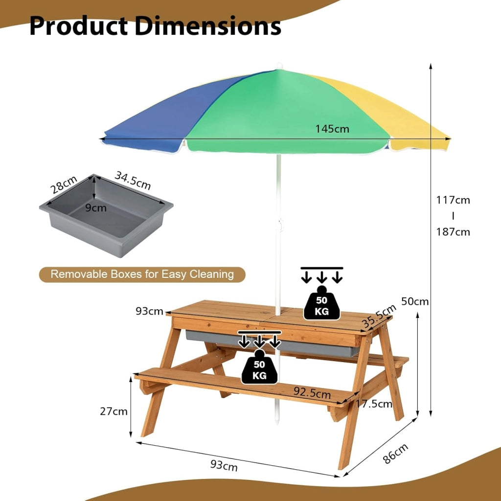 3-in-1 Set Tavolo Picnic per Bambini, con Ombrellone Regolabile e 2 Vaschette da Gioco, Panche per Bambini in Legno di Abete, Giochi Esterno da Giardino e Parco, 187 cm (Verde + Bianco + Blu)
