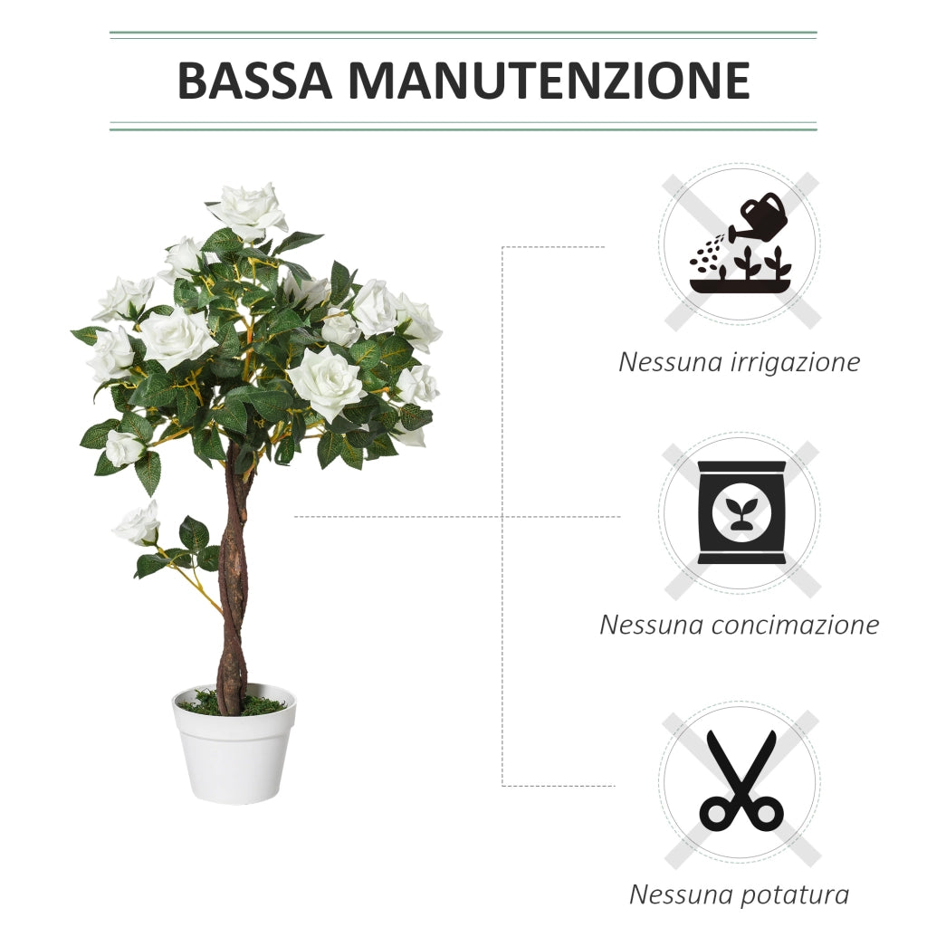 EasyComfort Pianta Finta di Rosa da 21 Fiori con Vaso Riempito in Cemento e Muschio, Pianta Artificiale in Plastica e Tessuto, Ø18x90 cm, Bianco e Verde