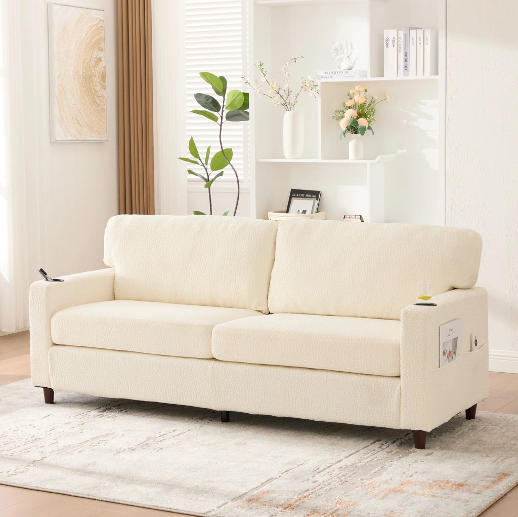 Divano a 2 posti in chenille beige con USB-C; luci LED; portabicchieri e tasche laterali 203 cm