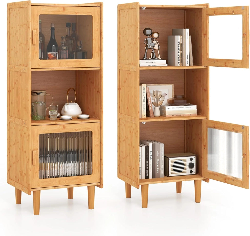 Armadietto da Cucina a 3 Ripiani con 2 Ante in Acrilico Trasparente, Credenza Espositore in Bambù Salvaspazio, Libreria Vetrina per Studio e Soggiorno, 49,5 x 40 x 130 cm, Naturale
