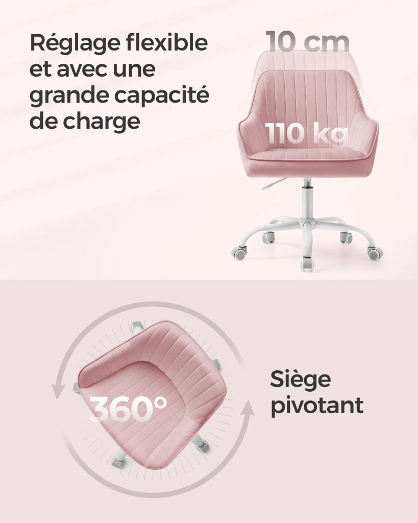 Sedia da ufficio con superficie in velluto sedia girevole seduta ergonomica imbottitura in schiuma altezza regolabile rosa 12_0004851