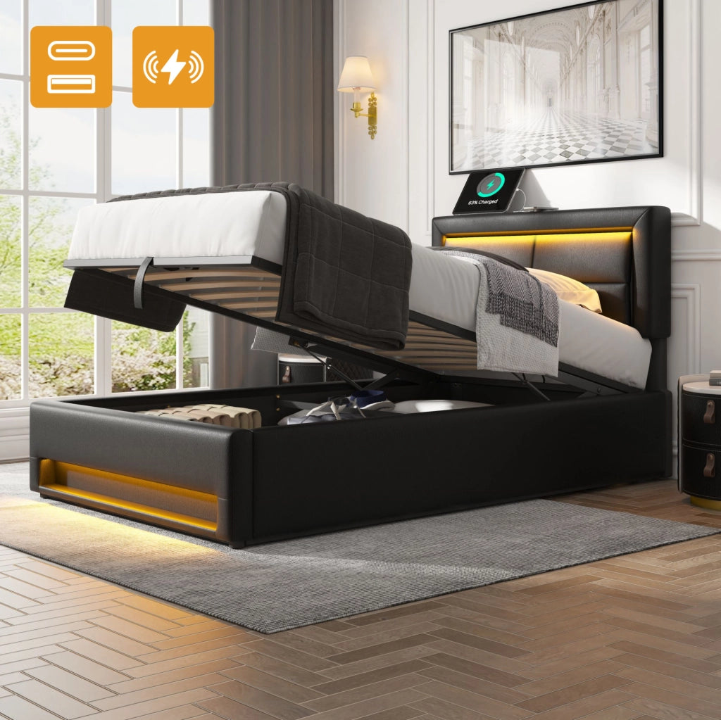 Letto imbottito 90x200 cm in PU nero con USB; LED e contenitore