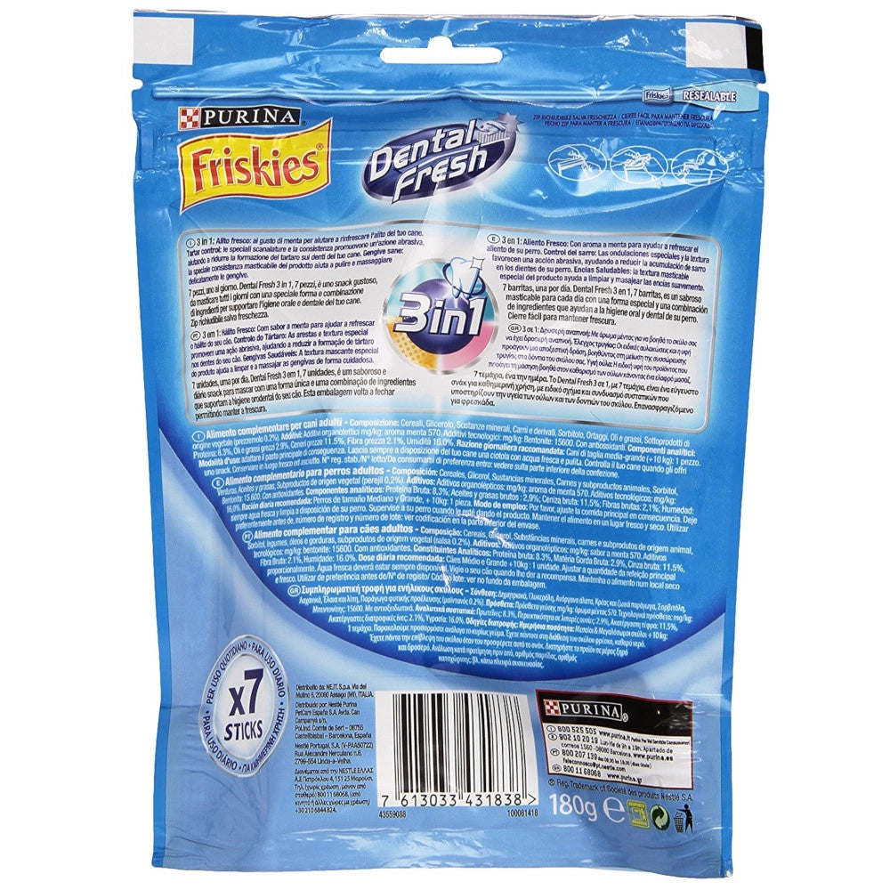 Multipack da 10 dental fresh friskies purina per cani di taglia medio grande confezione da 7 sticks ciascuna