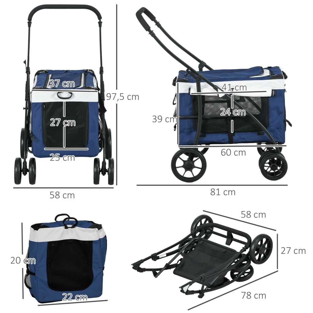 Carrello pieghevole per animali con culla removibile, 2 guinzagli di sicurezza, ruote EVA, in poliestere blu