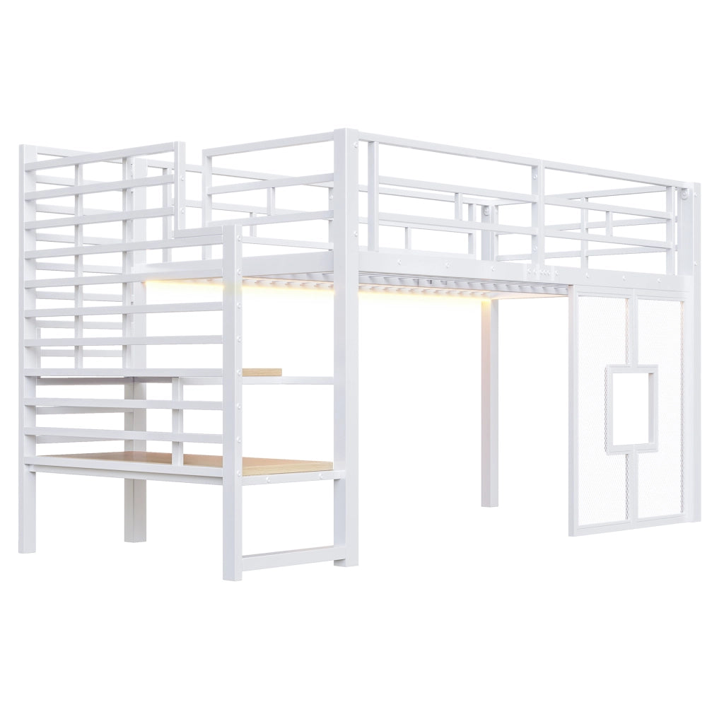 Letto a Soppalco Singolo 90x200 cm; 1 Posto - Scala con Contenitori; LED e Finestre