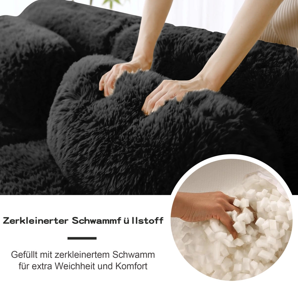 Divano Modulare a U con Design Ergonomico e Pouf Modulare, Base Antiscivolo, in Peluche Nero