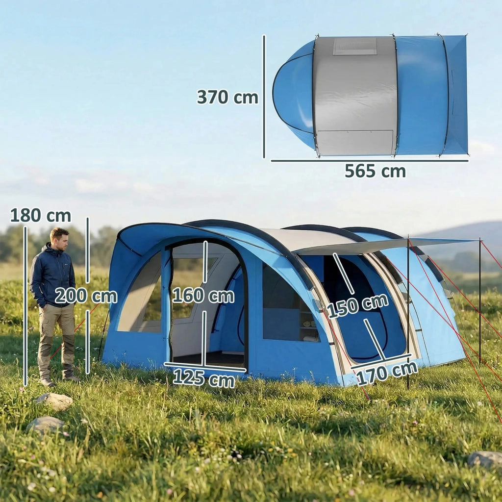 Tenda Campeggio a Tunnel per 2-4 Persone 565x370x200 cm con 2 Stanze Impermeabile 3000mm per Trekking Azzurro