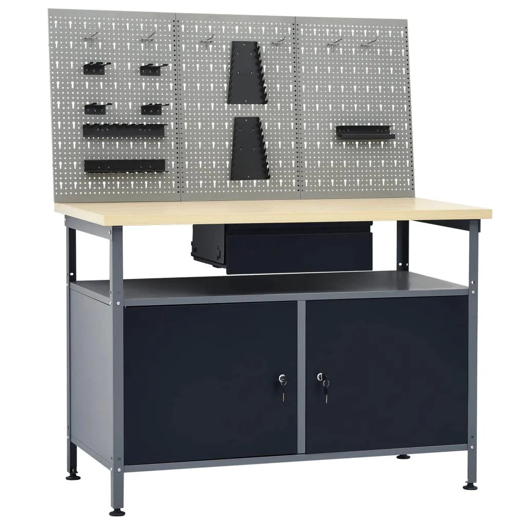 Banco da lavoro da 120 cm con 3 pannelli a parete e 1 mobiletto da officina tavolo da lavoro grigio/nero 02_0003657