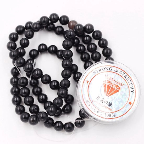 Kralen con corda per l'assemblaggio di gioielli Piatte pietre per DIY 4 mm = 180 pezzi e 1 rotolo di corda Pietre di obsidiana nera 4 mm