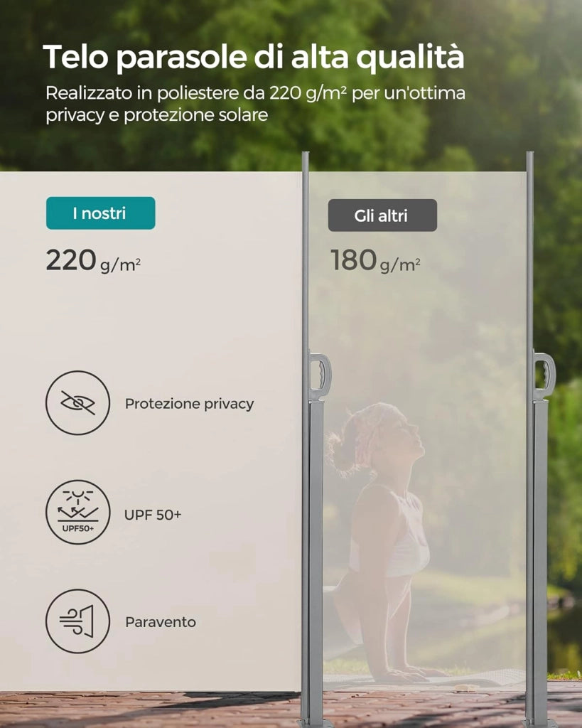 SONGMICS Paravento da Esterno, Tenda da Sole Laterale, Antiruggine, Estensibile, 200 x 300 cm, Frangivista, Parasole Ombreggiante, Tenda da Esterno Balcone Terrazzo Giardino, Beige GSA200K02