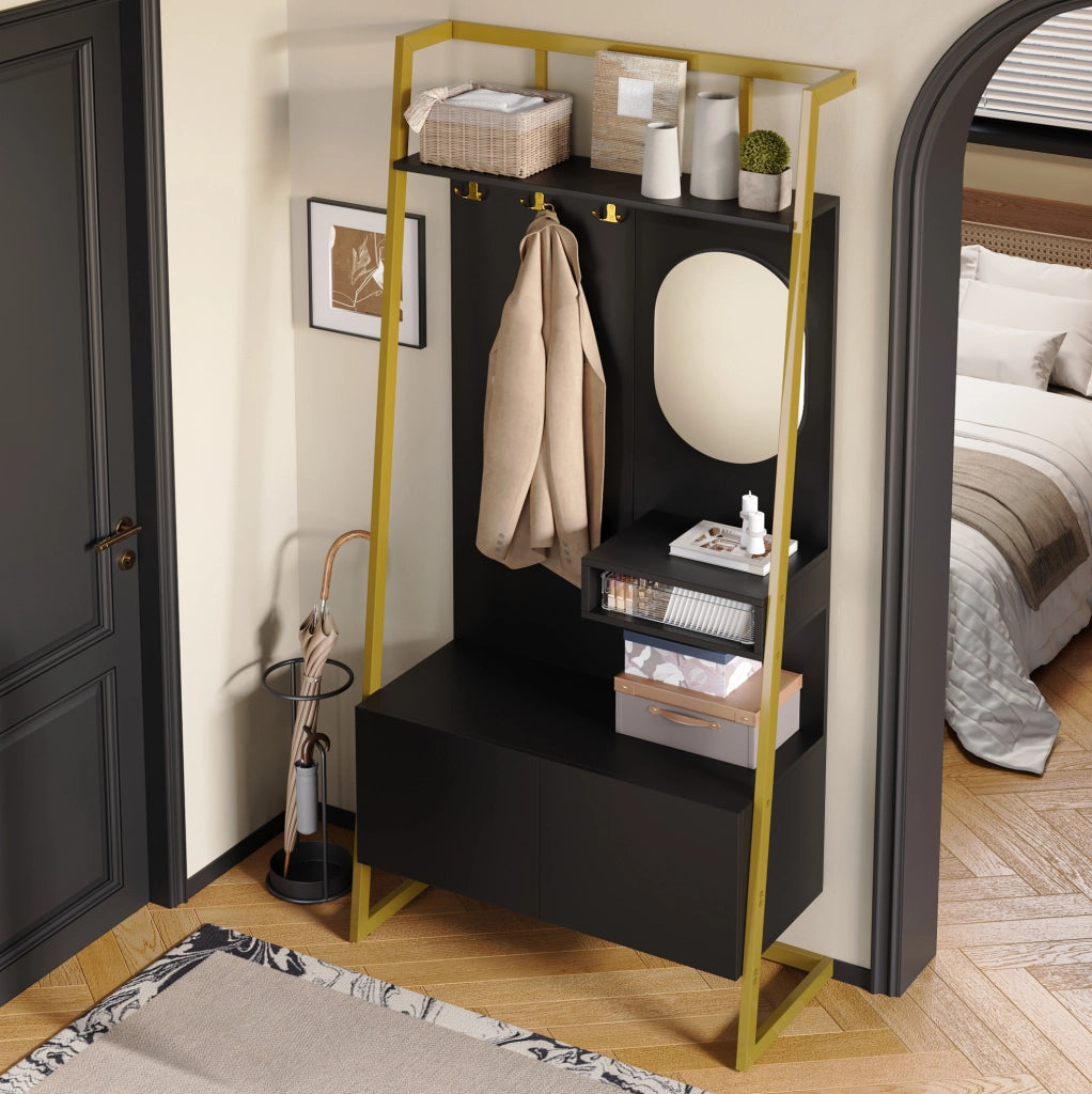 GUARDAROBA Compatto con Specchio e Scarpiera 78x38,5x180,5 cm Nero MDF e Metallo