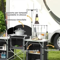 Cucina da Campeggio Pieghevole a 3 Piani con 5 Ripiani Interni e 4 Ganci, 172x48x119 cm, Nero