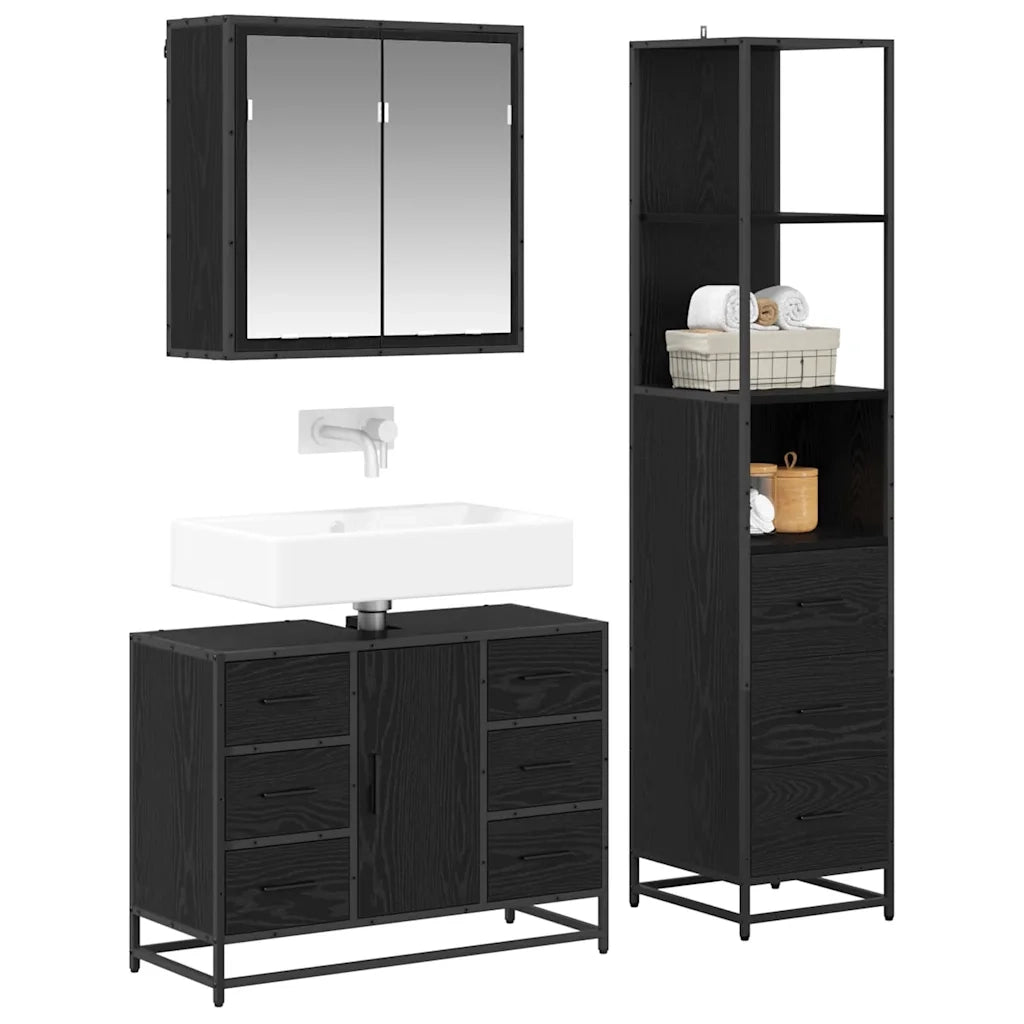 Set di mobili per il bagno 3 pcs Rovere Nero Legno multistrato