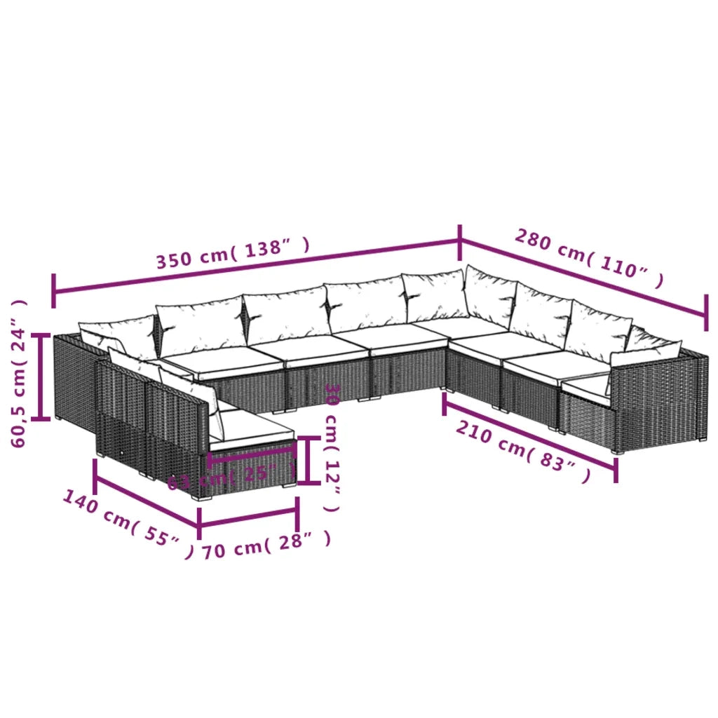 Set Divani da Giardino 10 pz con Cuscini in Polyrattan Marrone cod mxl 39061