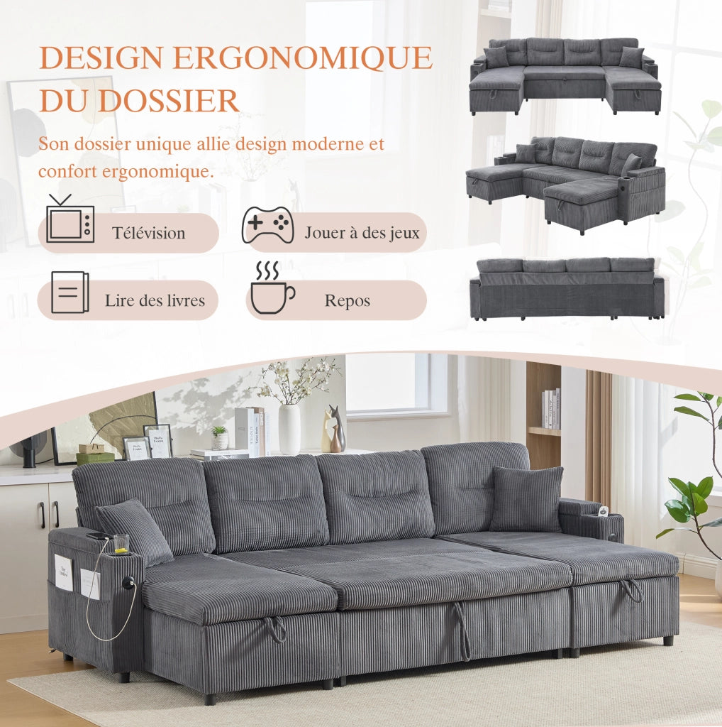 Divano 4 posti con doppia chaise longue; contenitore; portabicchieri e USB-C; 272x136x86 cm; grigio carbone