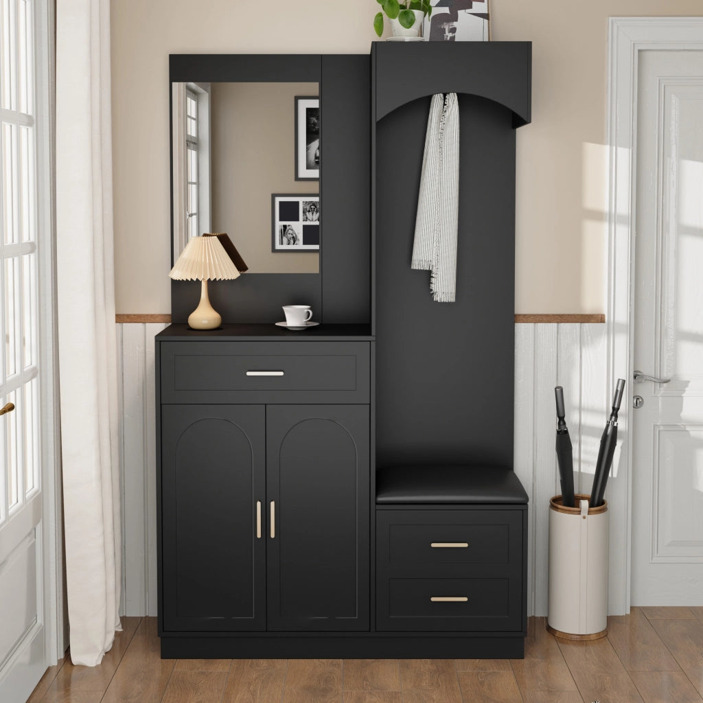 Mobile Ingresso con Specchio; 2 Ante; 2 Cassetti e Panca Scarpiera; Ripiani Regolabili; Moderno; in MDF; Nero; 110??33??185;5 cm