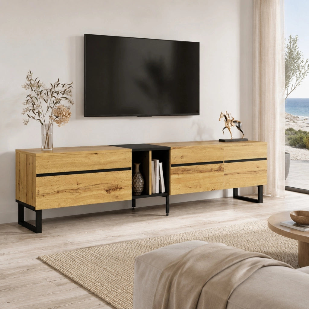 Mobile TV basso moderno 180 cm con vano a ribalta, ripiani aperti e ante