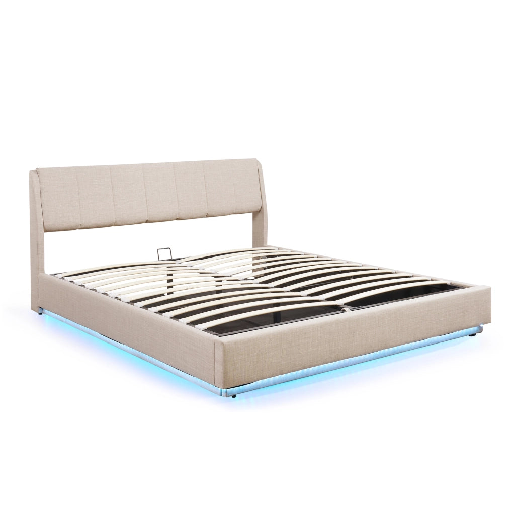 Letto Contenitore Tröstiar con Apertura a Ribalta e Luce LED Letto Doppio Matrimoniale 180x200 cm Beige [en.casa]